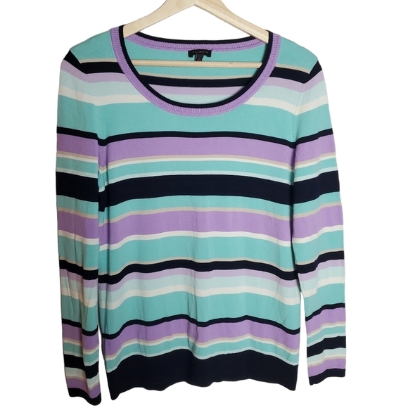 Talbots‎ Sweater Womens Medium Striped Aqua purple Crewneck Lightweight Spring - Picture 1 of 8